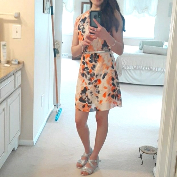 Coral and Navy Floral Cocktail Dress - Picture 1 of 4